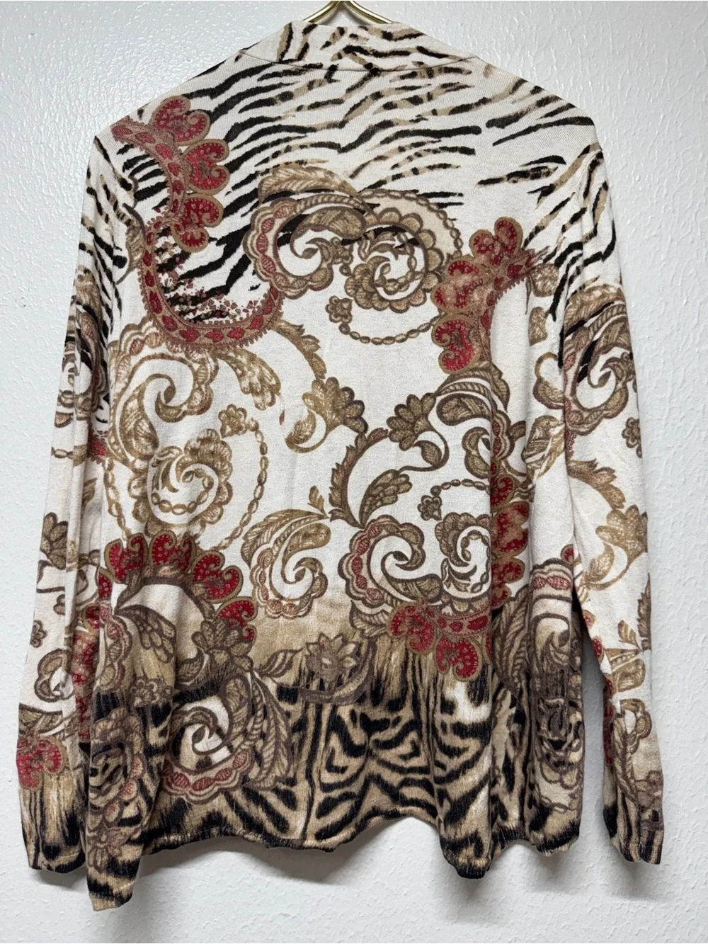 Chico's Open-Front Paisley & Animal Print Cardigan in Cream, Brown and Red
